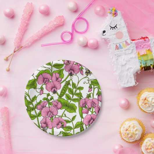 Zoete erwten en hommels, roze, groen en wit papieren bordje (Feest)