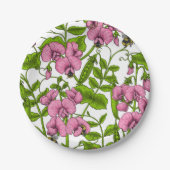 Zoete erwten en hommels, roze, groen en wit papieren bordje (Voorkant)
