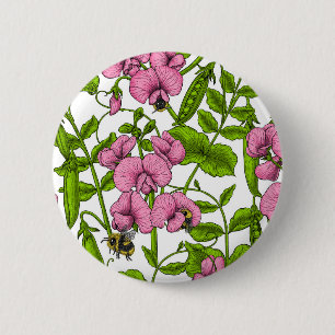 Zoete erwten en hommels, roze, groen en wit ronde button 5,7 cm