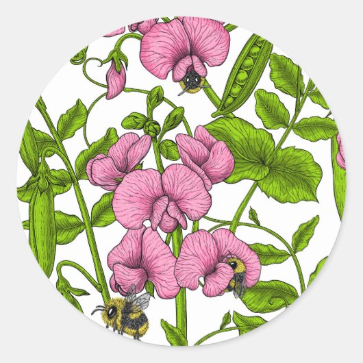 Zoete erwten en hommels, roze, groen en wit ronde sticker (Voorkant)
