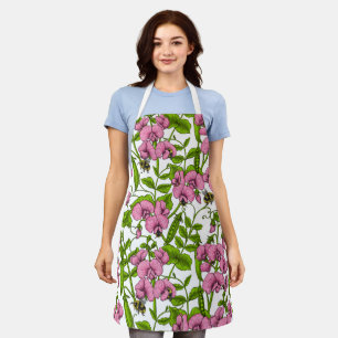 Zoete erwten en hommels, roze, groen en wit schort