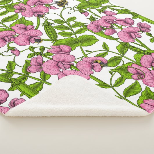Zoete erwten en hommels, roze, groen en wit sherpa deken (3/4)