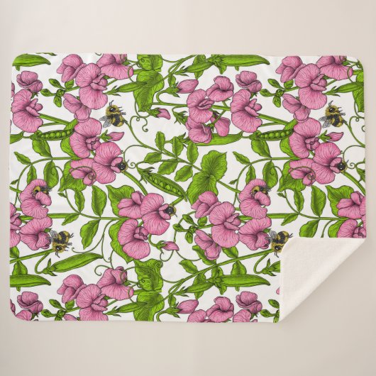 Zoete erwten en hommels, roze, groen en wit sherpa deken (Voorkant (horizontaal))