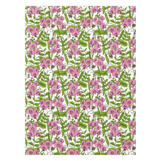Zoete erwten en hommels, roze, groen en wit tafelkleed (Voorkant)