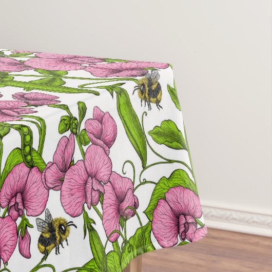 Zoete erwten en hommels, roze, groen en wit tafelkleed (Voorbeeld)