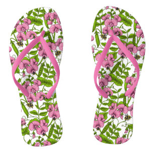 Zoete erwten en hommels, roze, groen en wit teenslippers