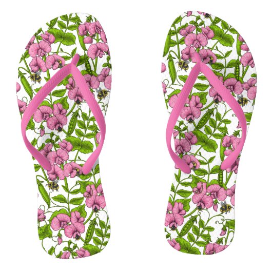 Zoete erwten en hommels, roze, groen en wit teenslippers (Voetbed)