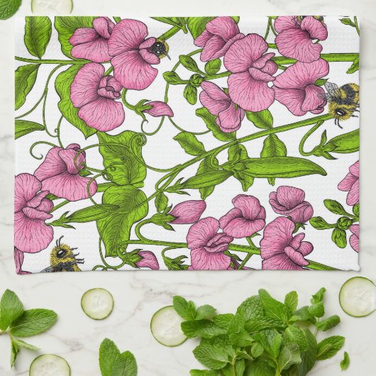 Zoete erwten en hommels, roze, groen en wit theedoek (Gevouwen)