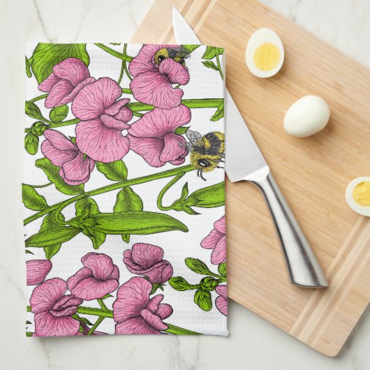 Zoete erwten en hommels, roze, groen en wit theedoek (Quarter Fold)