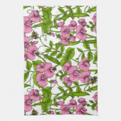 Zoete erwten en hommels, roze, groen en wit theedoek (Verticaal)