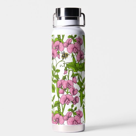 Zoete erwten en hommels, roze, groen en wit waterfles (Achterkant)