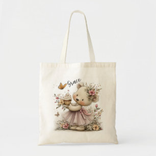 Zoete Florale Beer Illustratie met Cupcake Charme Tote Bag