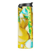 Zoete gebak marshmallow lollipop, lichtgeel blauw thermosbeker (Gedraaid links)