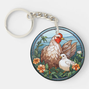 Zoete Gebrandschilderde Hen En Kuiken Sleutelhanger