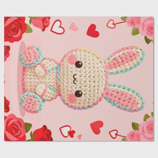 Zoete Gehaakte Konijn & Rozen Cadeaupapier (Vlak)
