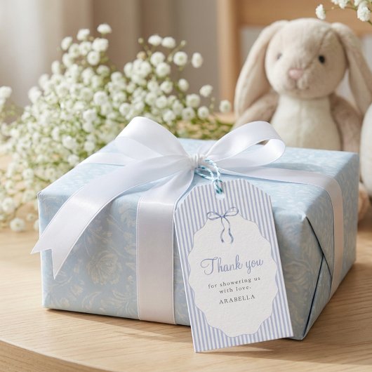 Zoete gestreepte blauwe strik baby shower bedankt cadeaulabel