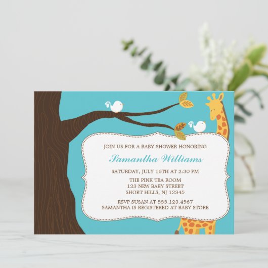 Zoete Giraffe en Vogels Genderneutraal Baby shower Kaart (Staand voorkant)