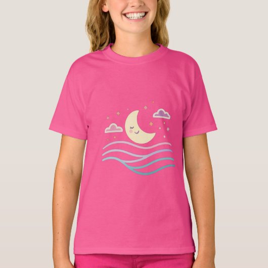 Zoete Glimlachende Maan & Sterren – Cute Nachtontw T-shirt (Voorkant)