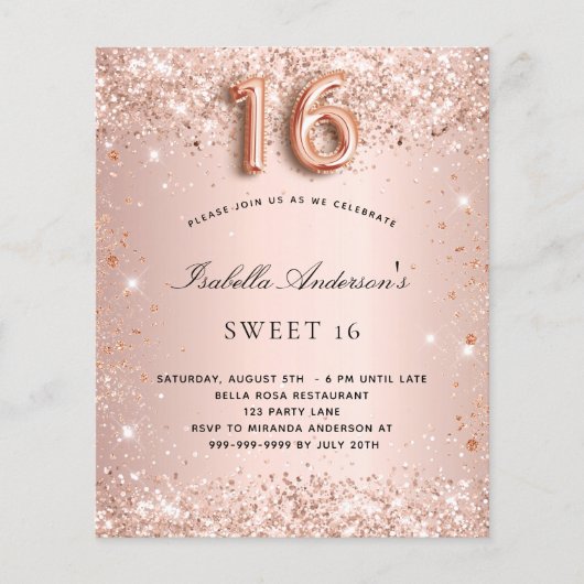 Zoete gouden 16 roos gouden glitter budgetuitnodig flyer (Voorkant)