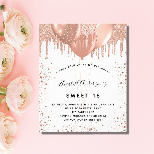 Zoete gouden 16 roos gouden glitter budgetuitnodig flyer
