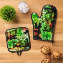 Zoete groene abstracte pannenlap en ovenwant, Eco Ovenwant & Pannenlap Set