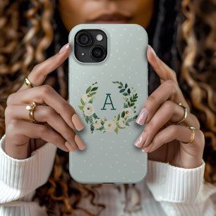 Zoete groene krans en mintstip monogram iPhone 15 case