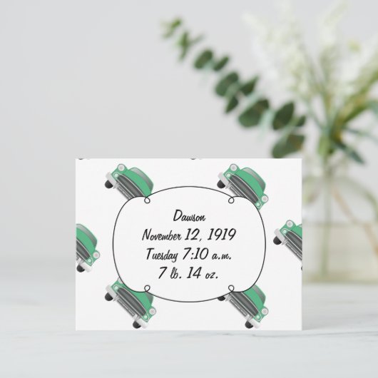 Zoete Groene Retro Auto Baby Jongen Cadeaus Briefkaart (Staand voorkant)