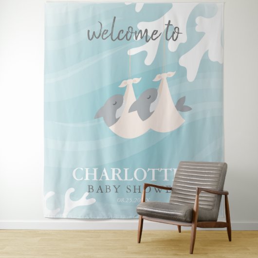 Zoete Haaienbaby Tweeling Baby Shower Tapijt Wandkleed (In situ)