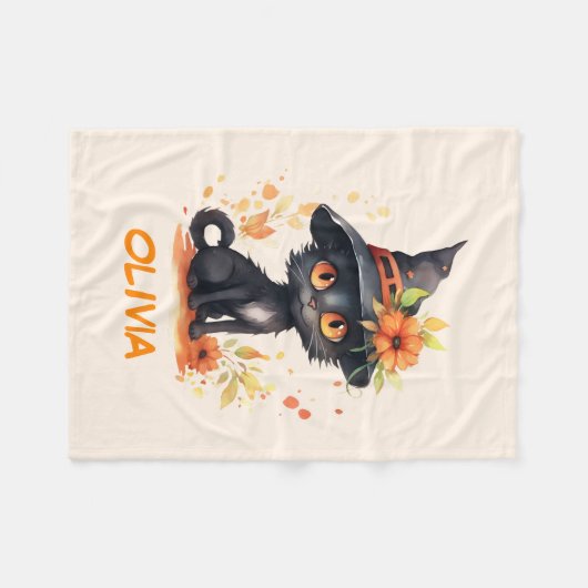 Zoete Halloween Kat Aangepaste Naam Fleece Deken (Voorkant (Horizontaal))