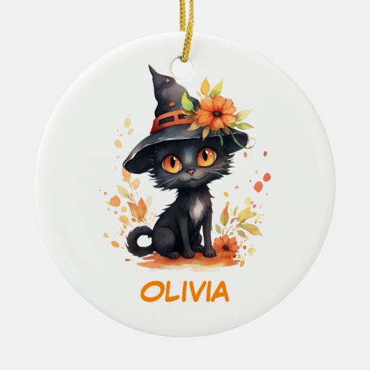 Zoete Halloween Kat Aangepaste Naam Keramisch Ornament (Voorkant)