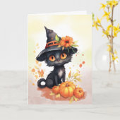 Zoete Halloween Kat Kaart (Gele Bloem)