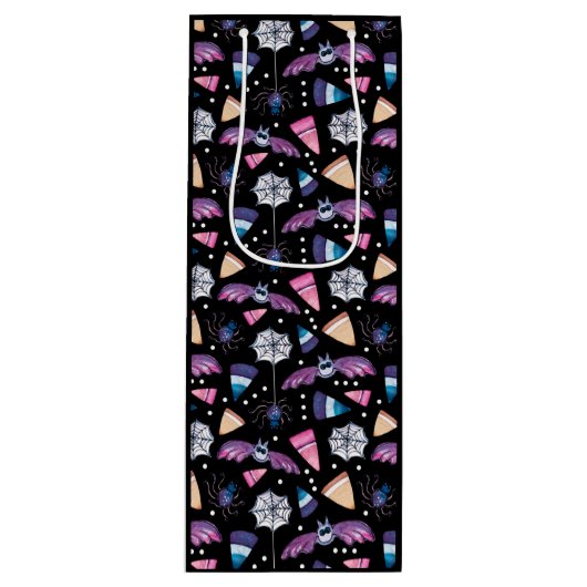 Zoete Halloween Vleermuizen, Spinnen en Candy Corn Wijn Cadeautas (Voorkant)