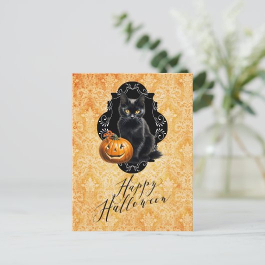 Zoete Halloween Zwarte Kat en Pompoen Briefkaart (Staand voorkant)