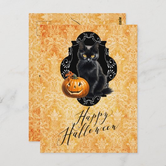 Zoete Halloween Zwarte Kat en Pompoen Briefkaart (Voorkant / Achterkant)