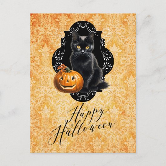 Zoete Halloween Zwarte Kat en Pompoen Briefkaart (Voorkant)