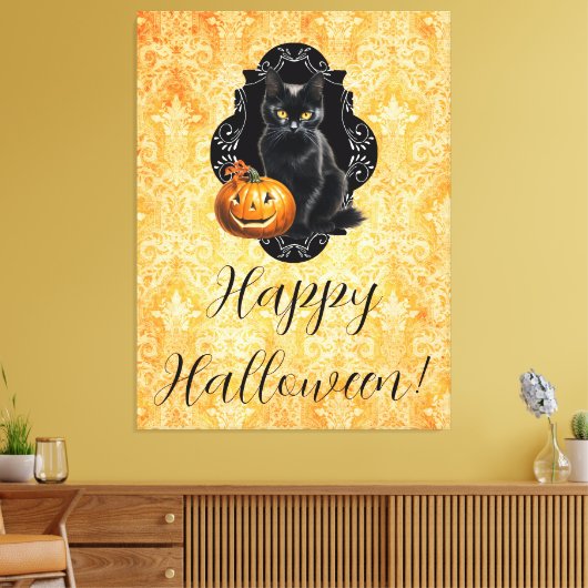Zoete Halloween Zwarte Kat en Pompoen Canvas Afdruk (Insitu (Woonkamer))