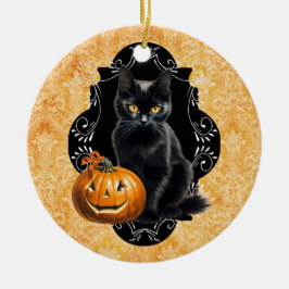 Zoete Halloween Zwarte Kat en Pompoen Keramisch Ornament