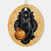 Zoete Halloween Zwarte Kat en Pompoen Keramisch Ornament (Links)