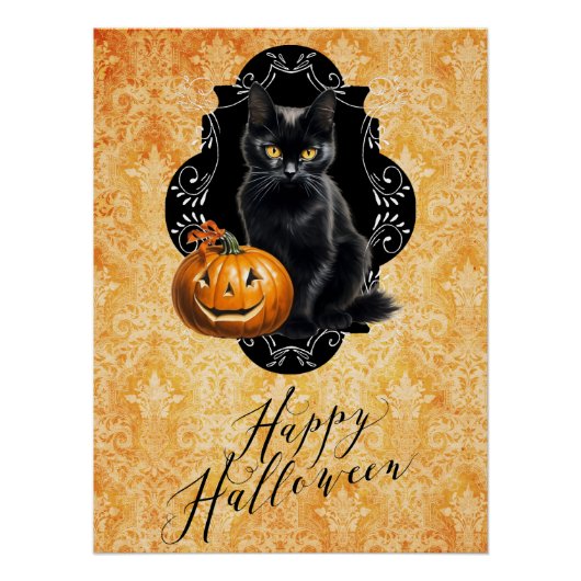 Zoete Halloween Zwarte Kat en Pompoen Perfect Poster (Voorkant)