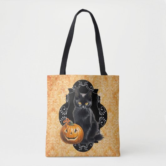 Zoete Halloween Zwarte Kat en Pompoen Tote Bag (Voorkant)