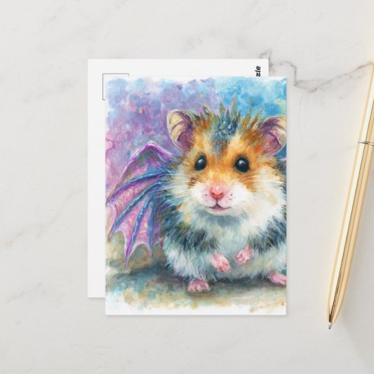 Zoete Hamster Draak Waterverf Briefkaart (Voorkant / Achterkant in situ)