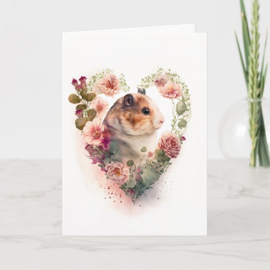 Zoete hamster met roze bloemen Valentijnsdag Feestdagen Kaart (Voorkant)