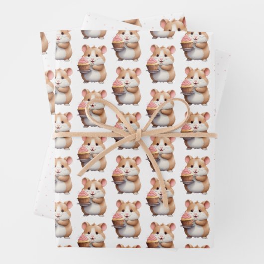 Zoete hamster, roze cupcake kinderverjaardag inpakpapier vel (In situ)