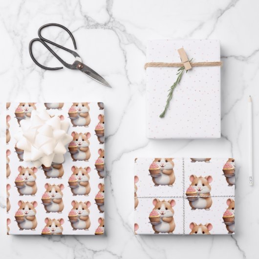 Zoete hamster, roze cupcake kinderverjaardag inpakpapier vel (Voorkant)