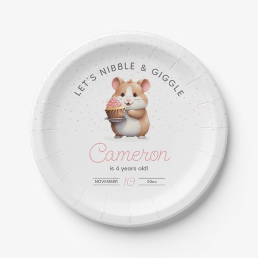 Zoete hamster, roze cupcake kinderverjaardag papieren bordje (Voorkant)
