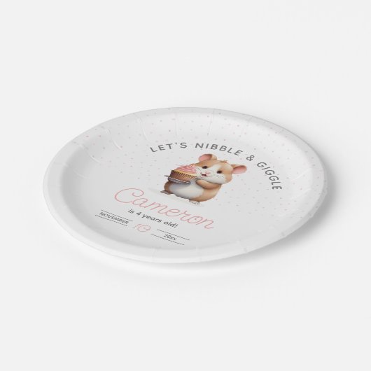 Zoete hamster, roze cupcake kinderverjaardag papieren bordje (Gekanteld)