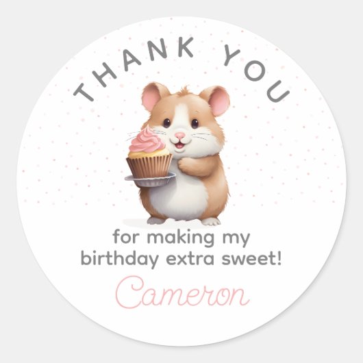 Zoete hamster, roze cupcake kinderverjaardag ronde sticker (Voorkant)