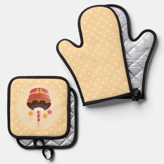 Zoete heerlijke chocolade verjaardag kaars cupcake ovenwant & pannenlap set (Voorkant / Achterkant)