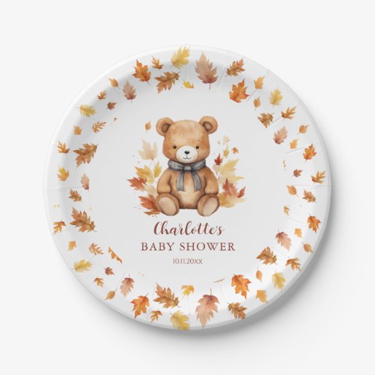 Zoete herfst teddybeer babyshower papieren bordje (Voorkant)