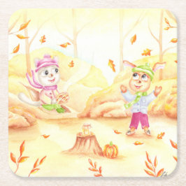 Zoete herfstwandeling in het bos kartonnen onderzetters